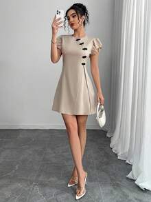 Chiquease 复古中国风纽扣装饰盖袖短裙 - 杏色 - 查看 5