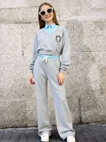 SHEIN 女童和青少年衬衫领多层外观运动衫，搭配裤子，适合日常、学校、秋冬休闲装 - 灰色 - 查看 1