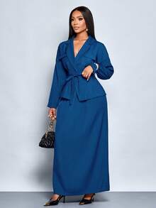 SOLERSUN Elegant Commuter Waistline Suit Tie Jacket And Skirt Two Pieces Set For Autumn And Winter - Blue - View 3