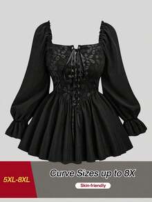SHEIN CURVE+ Blus Ukuran Besar Motif Kotak-kotak Patchwork dengan Pinggang Berkerut - Hitam - View 1