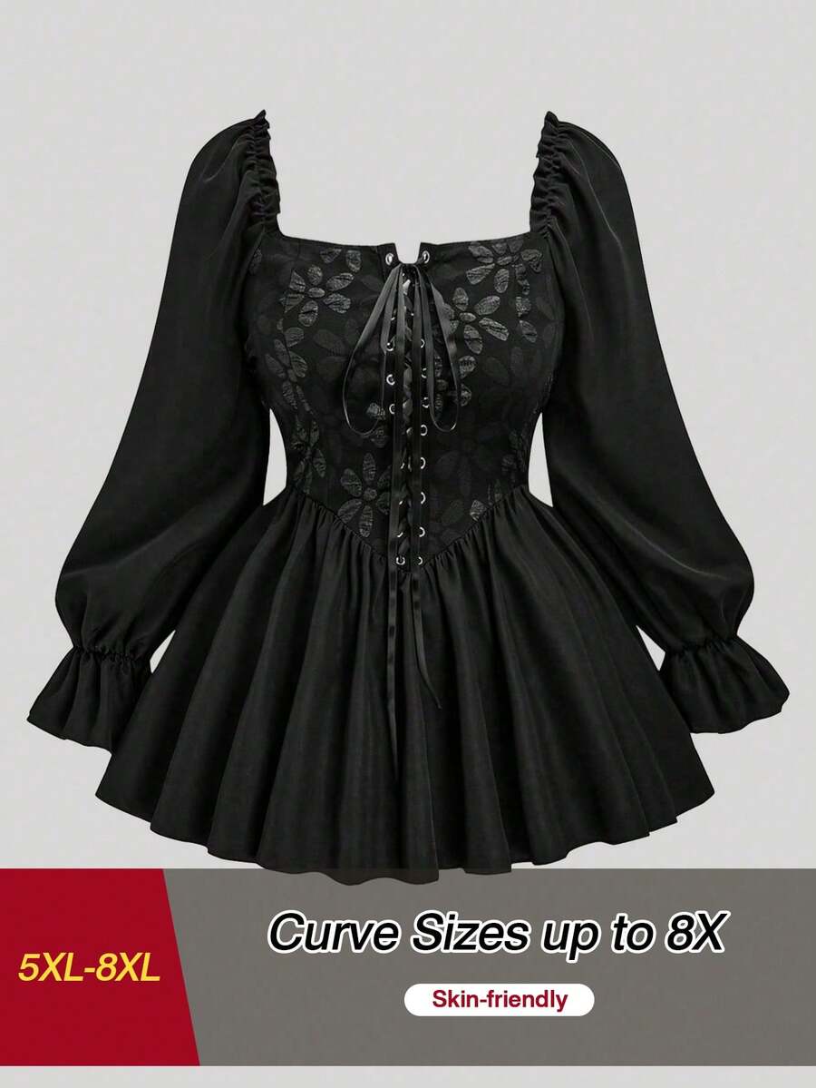 SHEIN CURVE+ Blus Ukuran Besar Motif Kotak-kotak Patchwork dengan Pinggang Berkerut - Hitam - View 1