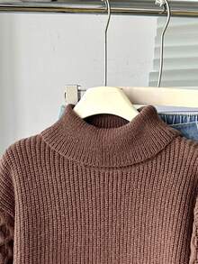 Sparklyn Tween Girl New Fashionable Versatile Simple Commuting High Neck Pullover Sweater Brown Sweater Brown Top Fall Cute Aesthetic Preppy Winter Sweater Jumper - Brown - View 3