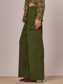MUSERA 阔腿裤，缝线细节，工装口袋细节，Y2K风格，秋冬田园风，可爱舒适，假日乡村风，春夏 - 墨綠色 - 查看 3