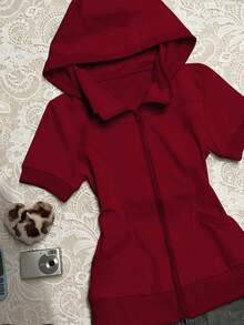 INAWLY Women's Floral Print Short Sleeve Drawstring Hooded Sweatshirt, Outdoor Sports Casual - Red - View 5
