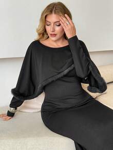 Modelyn Plus Size Women's Elegant Knitted 2 Pieces Set, Fuzzy Trim Shawl & Fitted Long Dress, Spring/Autumn - Grey - View 6