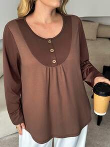 Lacomfia Plus Size Women Casual Loose Knit Textured Patchwork Crew Neck Long Sleeve Pullover Top, Autumn/Winter - Brown - View 7