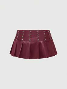 ROMWE Avant Music Festival PU Punk Rivet Decorated Ultra-Low Waist Pleated Women's Mini Skirt - Red - View 3