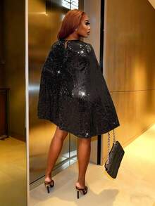 BamGleam 亮片装饰黑色圆领紧身迷你连衣裙，个性化披肩式长袖，性感修身夜店派对闪亮连衣裙 - 黑色 - 查看 2