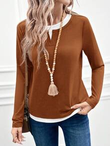 EMERY ROSE 大码女式乡村休闲长袖二合一T恤，适合冬季穿着 - 鏽棕色 - 查看 6