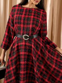 Zelara Plus Size Elegant Plaid Tweed Midi Dress For Women,Black And Red Autumn Sparkly Long Party Dresses,Tea Party Graduation,Christmas New Year Outfit - Multicolor - View 7