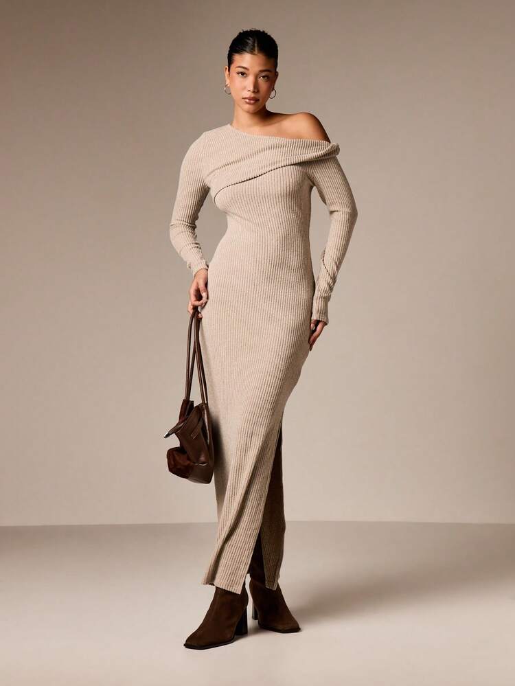 AiiRZ Ribbed Knit Off Shoulder Midaxi Dress With Twist Detail Long Sleeve Bodycon Fall Winter Sweater Dress