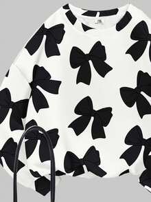 SHEIN Leap Crew Conjunto de 2 piezas de sudadera de cuello redondo cómoda de manga larga y leggings con estampado de lazo negro de estilo ballet vintage y casual para niña preadolescente, adecuado para otoño/invierno - Multicolor - Ver 4