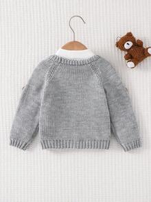 Cozy Pixies Baby Boy Cartoon Bear Pattern V-Neck Long Sleeve Sweater Cardigan Baby Cardigan Baby Bear Cardigan Baby Knit Cardigan Baby Sweater In Fall/Winter - Light Grey - View 2
