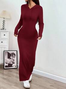 SHEIN EZwear 女士酒红色连帽抽绳腰身修身长袖针织连衣裙，可叠穿，秋冬季 - 玫瑰紅 - 查看 6