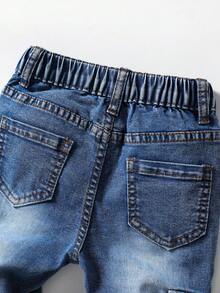 SHEIN Explorewe Young Boy Vintage Street Style Distressed Ripped Multi-Pocket Stretchy Fitted Denim Cargo Pants - Dark Wash - View 4