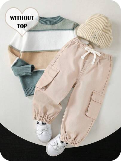 Baby Boy Casual Soft Basic Drawstring Waist Cargo Pocket Khaki Denim Jogger Pants, Fall Winter,Casual And Versatile For Baby Fall/Winter Dailywear And Streetwear, Christmas,New Year,Thanksgiving