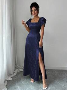 Elenzga Đầm dài nữ xuân hè cổ vuông, tay bèo nhún, thắt nơ eo sau lưng, xẻ tà trước, vải jacquard bóng màu xanh lá cây, đa năng khi đi làm, mặc hàng ngày, phù dâu, dạ hội, tốt nghiệp, thoải mái và hợp thời trang, giá trị cao - Màu xanh hải quân - Xem 5