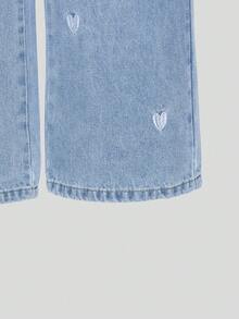 SHEIN ChillGRL 少女牛仔裤，爱心刺绣，Y2K风格，浅蓝色，宽松阔腿，面料柔软，适合日常穿着、上学和通勤，四季皆宜 - 中等水洗藍 - 查看 7