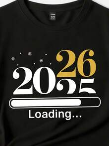 SHEIN 2026新年快乐 女式休闲时尚创意个性化清新可爱简约数字丝带皇冠图案字母标语印花宽松基础款短袖T恤，新年氛围，适合女性 - 黑色 - 查看 4