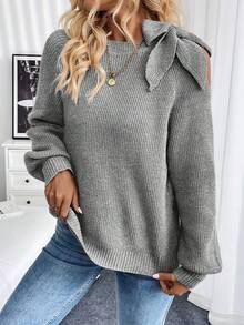 SHEIN LUNE Suéter casual de unicolor con hombros descubiertos, mangas raglán con lazo, para otoño/invierno - Gris - Ver 4