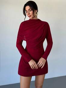 Firerie Women's Burgundy Turtleneck Knit Contrast Mesh A-Line Mini Dress, Long Sleeve Dress, Asymmetrical Mesh Ruffle Collar Dress, Elegant For Spring, Autumn, Winter, Suitable For Commute, Date, Party, Wedding, Graduation, Performance, Work, Birthday - Burgundy - View 4