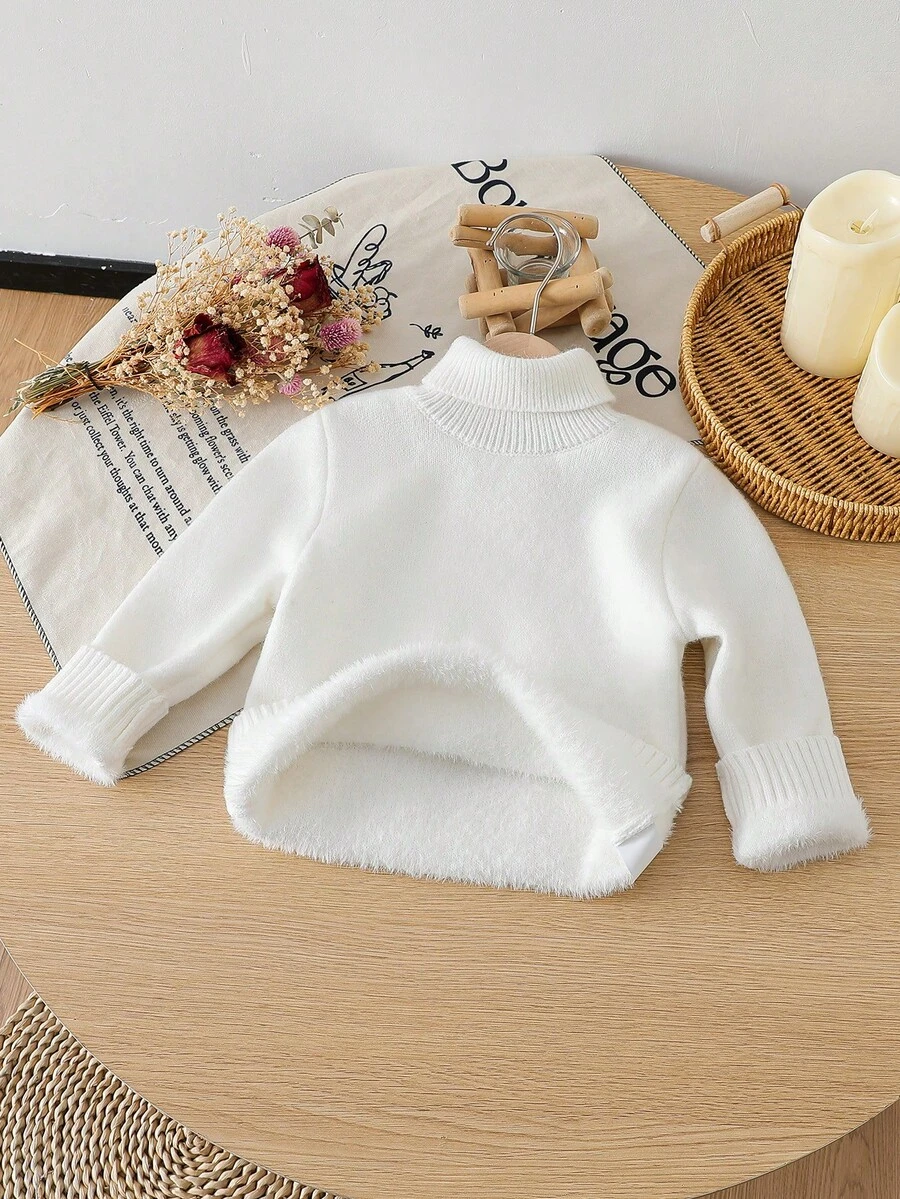 SHEIN Genkimix Kids 女童休闲纯色高领长袖毛衣 - 白色 - 查看 1