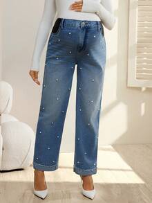 SHEIN 孕妇休闲水洗水钻装饰牛仔裤 - 淺色水洗藍 - 查看 5