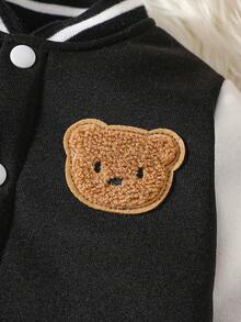 SHEIN Newborn Boy Baby Bear Pattern Double Fried Dough Twists Fabric White Splicing Blue Jacket Two Pieces Suit Fashionable Personalized Handsome Boys And Girls Can Wear - Black - View 5