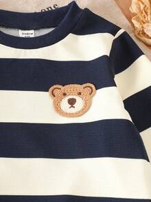 SHEIN Explorewe Young Boys' Cute Bear Graphic Colorblock Striped Crew Neck Long Sleeve Top,Solid Blue Slim Fit Pants,Casual Outfit For Summer,Family Matching Outings - Multicolor - View 3