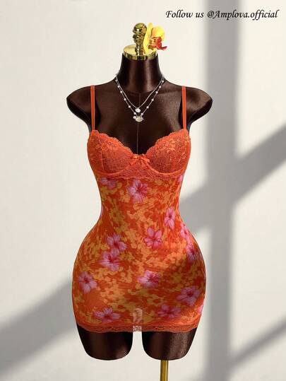 Amplova Lace Cup Detail Tropical Floral Mesh Bodycon Mini Dress,Bohemian Clothes