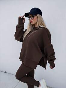 INAWLY Conjunto de dos piezas de top con abertura lateral y pantalones, talla grande, para otoño/invierno - Café integral - Ver 7