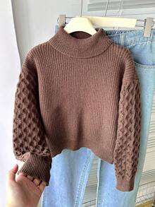 Sparklyn Tween Girl New Fashionable Versatile Simple Commuting High Neck Pullover Sweater Brown Sweater Brown Top Fall Cute Aesthetic Preppy Winter Sweater Jumper - Brown - View 5