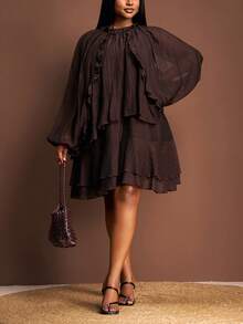 Slaydiva Autumn/Winter New Elegant Party & Elegant Party & Date & Outing With Friends & Birthday Party & Viral Hit & Sexy & Evening Party & Formal Dress & Graduation Season & Wedding Season, Valentine's Day, Sexy, Romantic, Loose Solid Coffee Brown, Multi-Layer Ruffle Hem Patchwork Effect, A-Line Hem, Lantern Sleeve, Semi-Sheer Woven Texture Fabric, Women Plus Size Mini Dress - Z - Coffee Brown - View 1