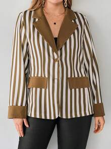 SHEIN Privé Women's Plus Size Striped Blazer - Brown - View 4