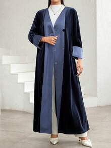 Veilorie New Design Contrast Color Velvet Comfortable Cardigan Robe Abayas - Navy Blue - View 6