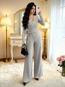 Islaluna Bộ đồ liền thân ống rộng cổ chữ V đan gân màu mơ mới thời trang dành cho nữ, thích hợp mặc hàng ngày, đám cưới, dạ hội, đi làm, tiệc tốt nghiệp, ngày lễ, hẹn hò, tiệc tùng, Halloween, Giáng sinh, năm mới, lễ tạ ơn - Màu Khaki - Xem 4