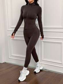 SHEIN PETITE 3 pezzi Tuta sportiva marrone in maglia, adatta per yoga, corsa, allenamento, uso quotidiano, autunno/inverno - Marrone Cioccolato - Visualizzare 7