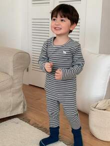 DAZY 2pcs Toddler Boys' Round Neck Striped Cartoon Embroidered Top And Pants Pajama Set - Grey - View 5