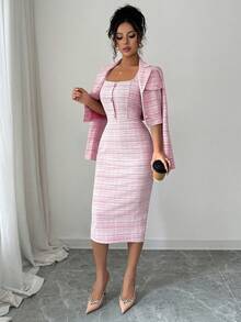 Elenzga 2-Piece Tweed Suit: Elegant Houndstooth Blazer Jacket + Sleeveless Fitted Bodycon Dress, Chic Ladylike Outfit For Spring/Autumn - Hot Pink - View 3