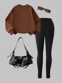 Genkimix Kids 两件套女童韩版活力棕色卫衣（带蝴蝶结）+修身长裤，春秋季休闲长袖套装 - 棕色 - 查看 2