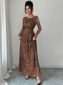 Rafferiza Women's Elegant Leopard Print Mesh Round Neck Ruched Waist Flared Long Sleeve Dress - Khaki - View 7