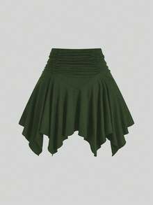 SHEIN Sweetro Váy xòe màu trơn cỡ lớn cho nữ, viền bất đối xứng lãng mạn - xanh quân đội - Xem 2