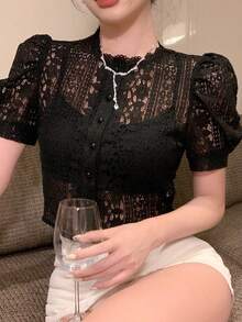 DAZY Women's Summer Round Neck Puff Sleeve Short Sleeve Cropped Delicate Lace Sexy Casual Top - Black - View 1