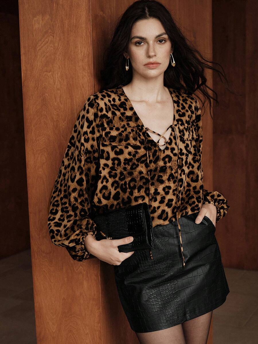 Uhlyne Women's Spring And Autumn Party/Gathering Shirt, Leopard Print, Loose Fit, Slimming, Versatile Long Sleeve Shirt, Lantern Sleeve, Tie-Waist V-Neck Top, Suitable For Commuting, Parties, And Dates. - Multicolor - View 1