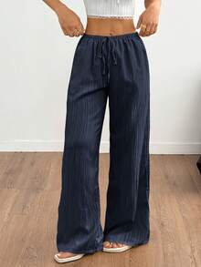 Flirla Petite Women's Textured Fabric Low Waist Wide Leg Pants With Drawstring And Pockets, Casual Trousers - Navy Blue - View 4