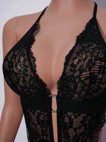 1pc Women's Sexy Lingerie, Punk Style Pioneer Halter Lace Backless Bodysuit - Black - View 7