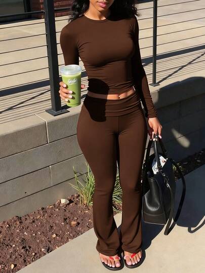 INAWLY Women's Solid Color Round Neck Long Sleeve Cropped T-Shirt And Flare Pants Casual 2-Piece Set