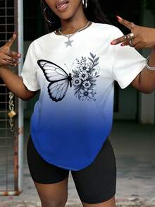 SHEIN BamGlam Camiseta de mujer de manga corta, corte suelto y versátil con estampado de mariposas y flores - Multicolor - Ver 1