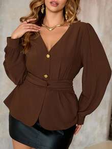 Roveilla 大码女式春秋冬法式浪漫西西里优雅休闲办公室度假下午茶派对纯色褶皱人造门襟玫瑰金金属装饰领结腰长袖衬衫 - 棕色 - 查看 1