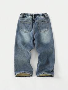 SHEIN Pantalones vaqueros azules de ajuste holgado con forro térmico para niños, otoño/invierno - Azul lavado oscuro - Ver 2